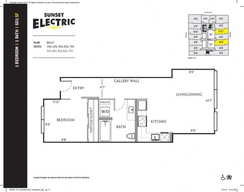 Floor plan for 1 bed, 1 bath, 601 sqft